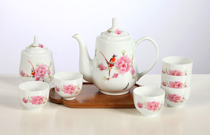 8头手绘茶具(水点桃花)-产品中心-景德镇陶瓷集团有限责任公司